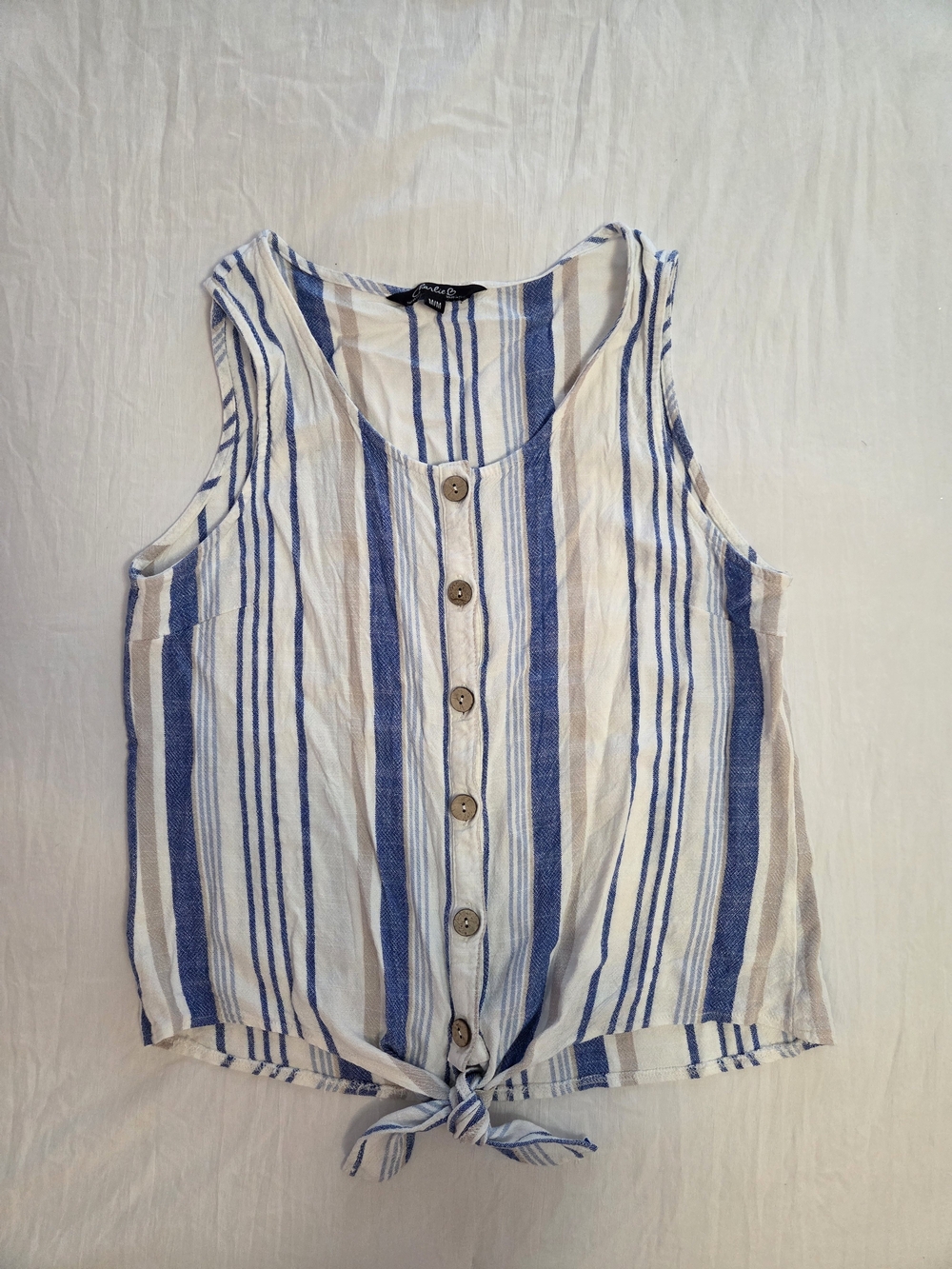 Striped Button-Front Tie Hem Tank Top - Blue and Cream
